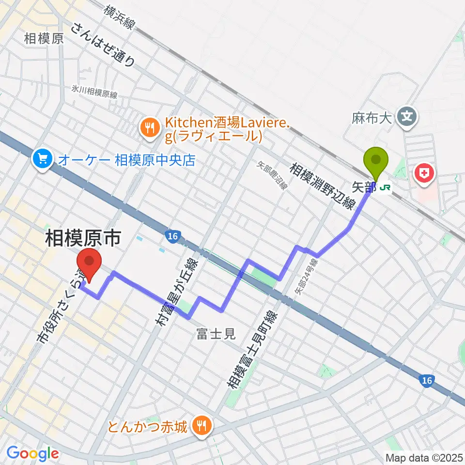 相模原市立あじさい会館の最寄駅矢部駅からの徒歩ルート（約20分）地図