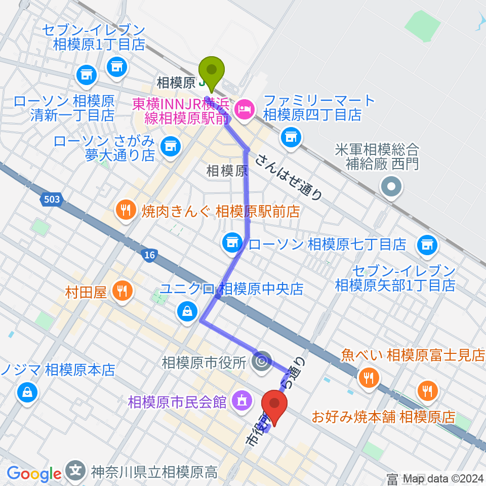 相模原駅から相模原市立あじさい会館へのルートマップ地図