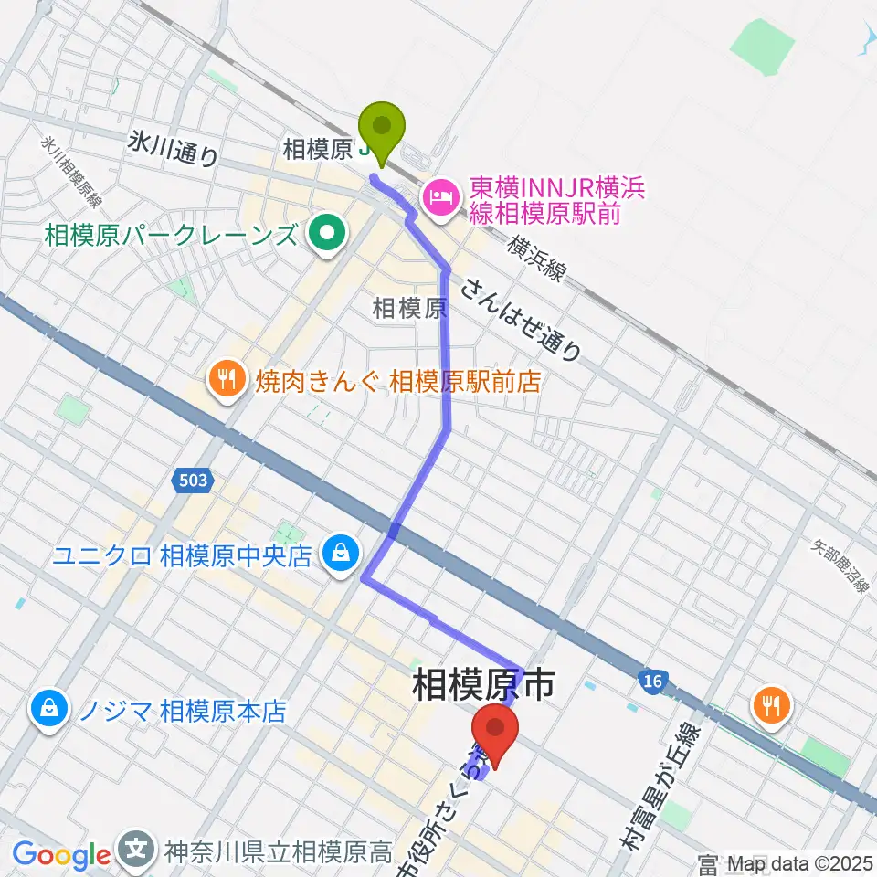 相模原駅から相模原市立あじさい会館へのルートマップ地図