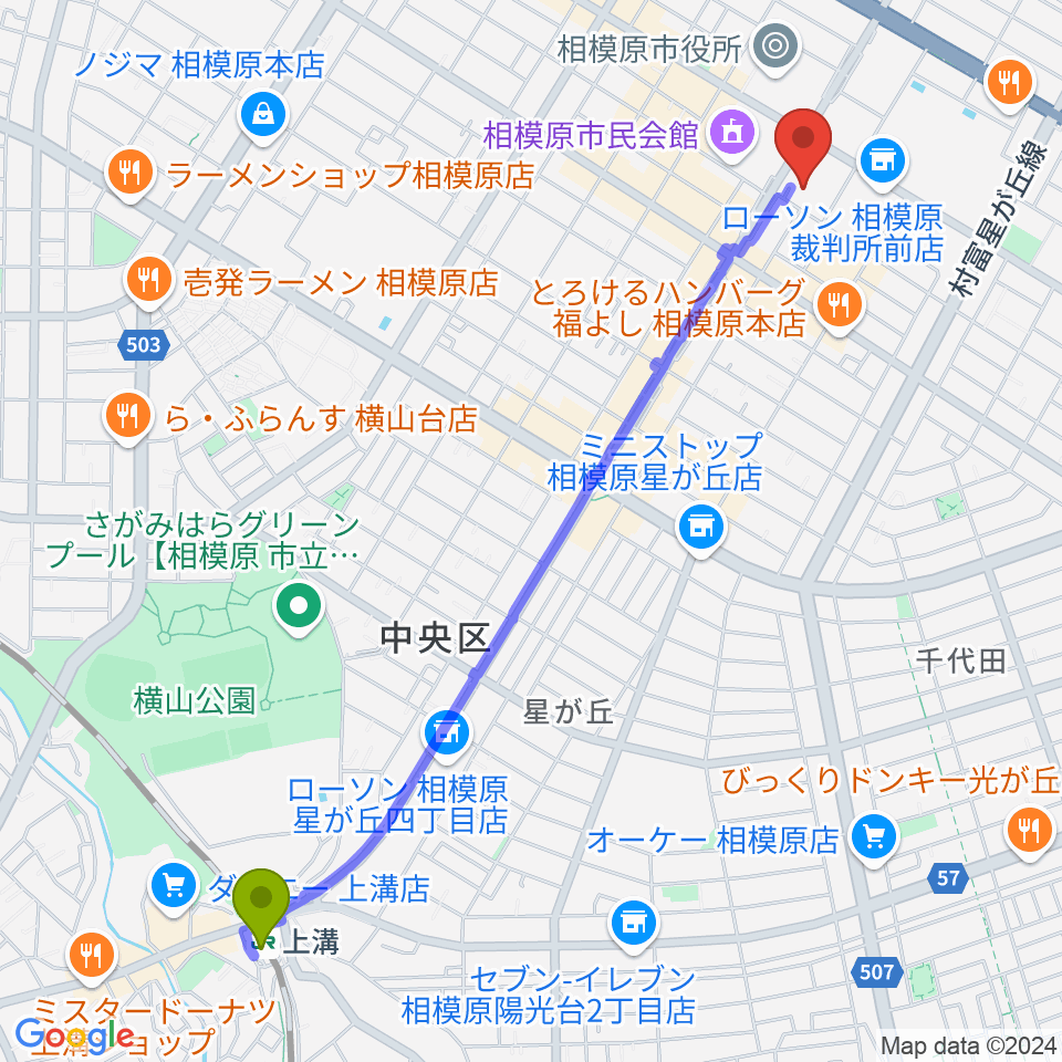 上溝駅から相模原市立あじさい会館へのルートマップ地図