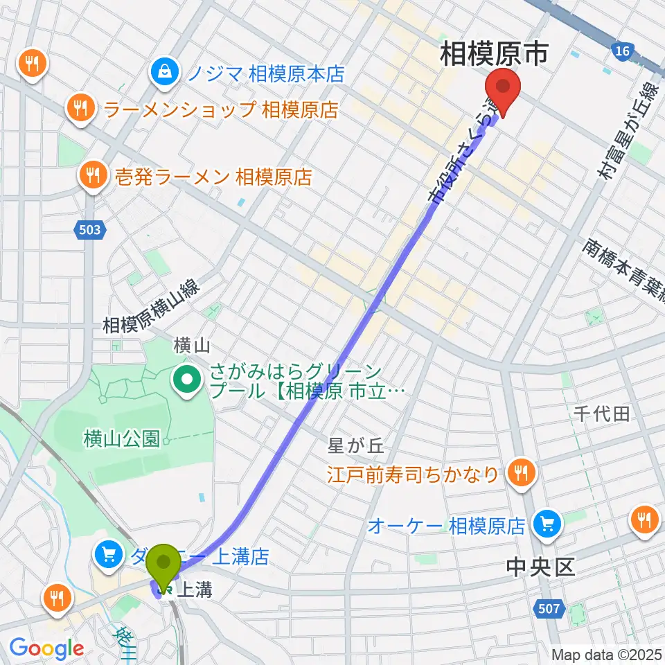 上溝駅から相模原市立あじさい会館へのルートマップ地図