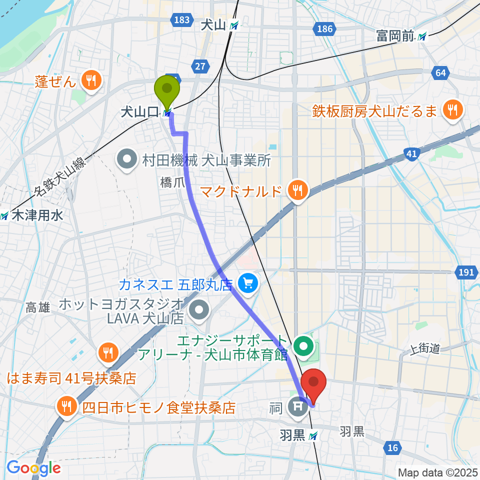 犬山口駅からD.M.SOUNDへのルートマップ地図