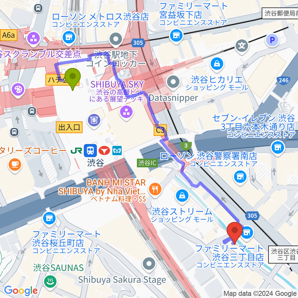 渋谷のラジオの最寄駅渋谷駅からの徒歩ルート（約6分）地図