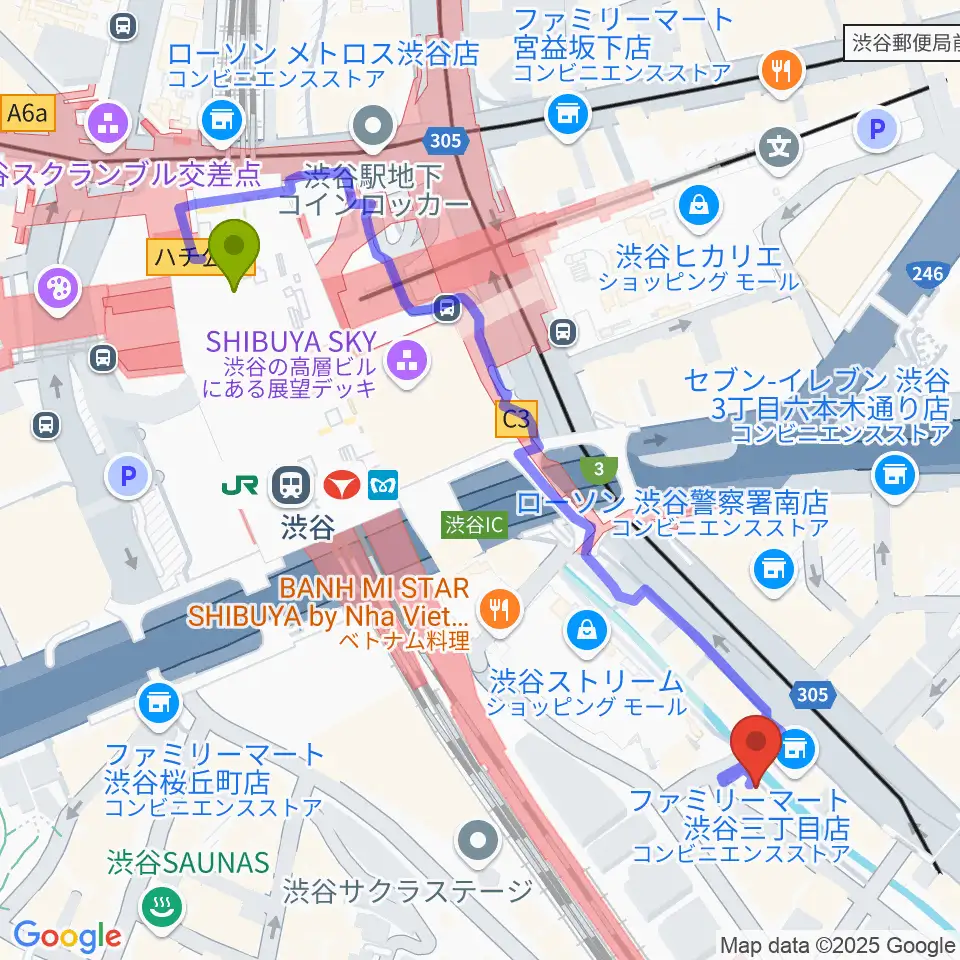 渋谷のラジオの最寄駅渋谷駅からの徒歩ルート（約6分）地図