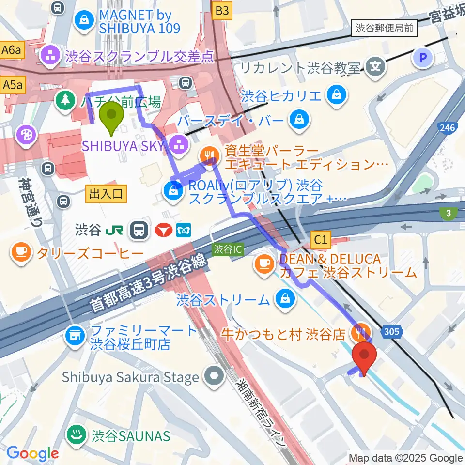 渋谷のラジオの最寄駅渋谷駅からの徒歩ルート（約6分）地図