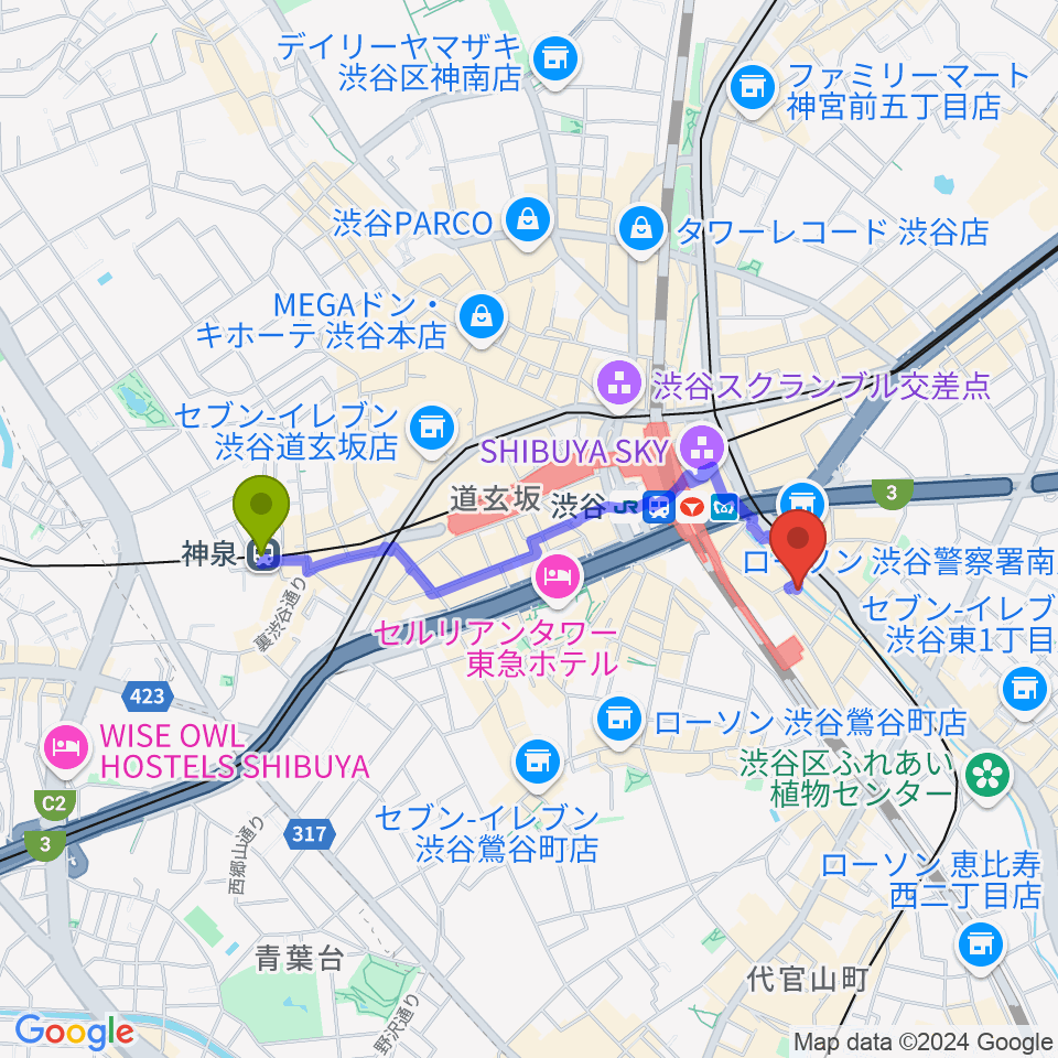 神泉駅から渋谷のラジオへのルートマップ地図