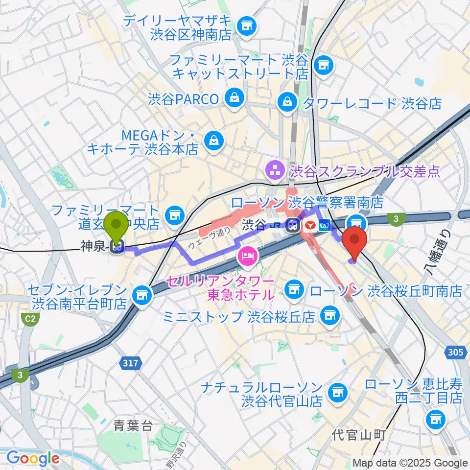 神泉駅から渋谷のラジオへのルートマップ地図