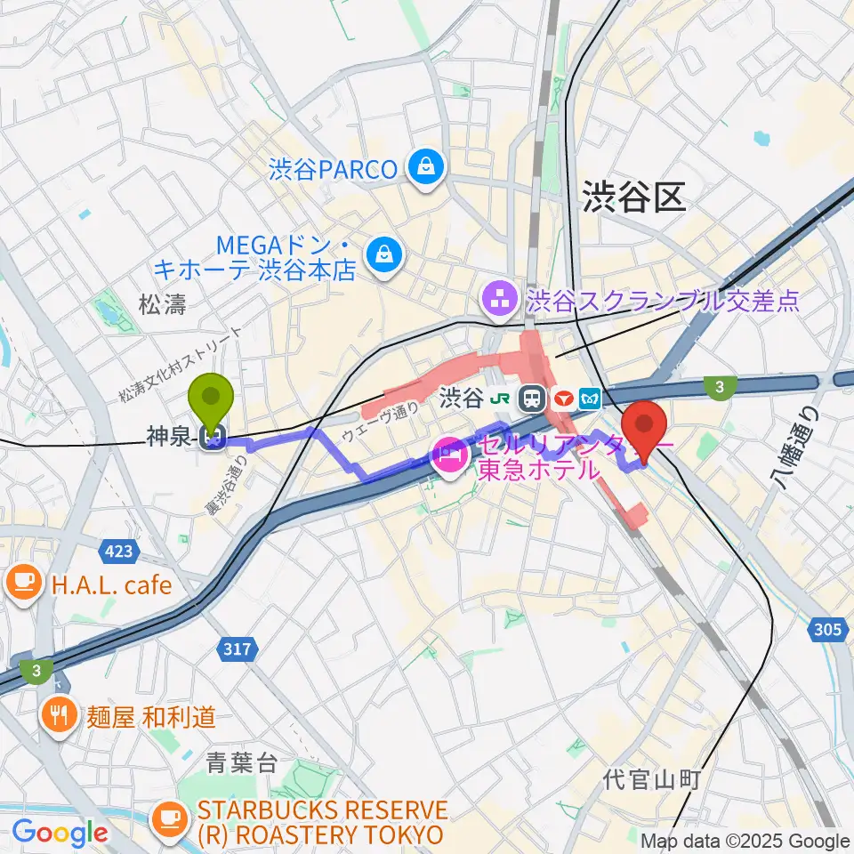 神泉駅から渋谷のラジオへのルートマップ地図