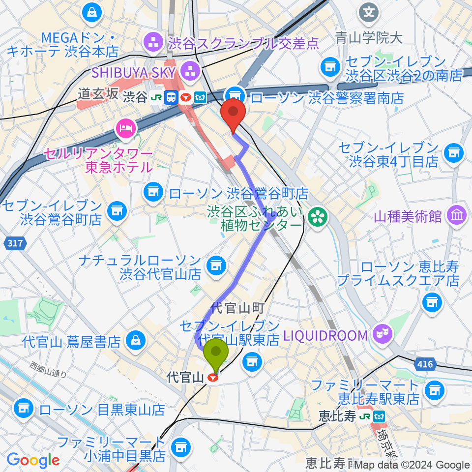 代官山駅から渋谷のラジオへのルートマップ地図