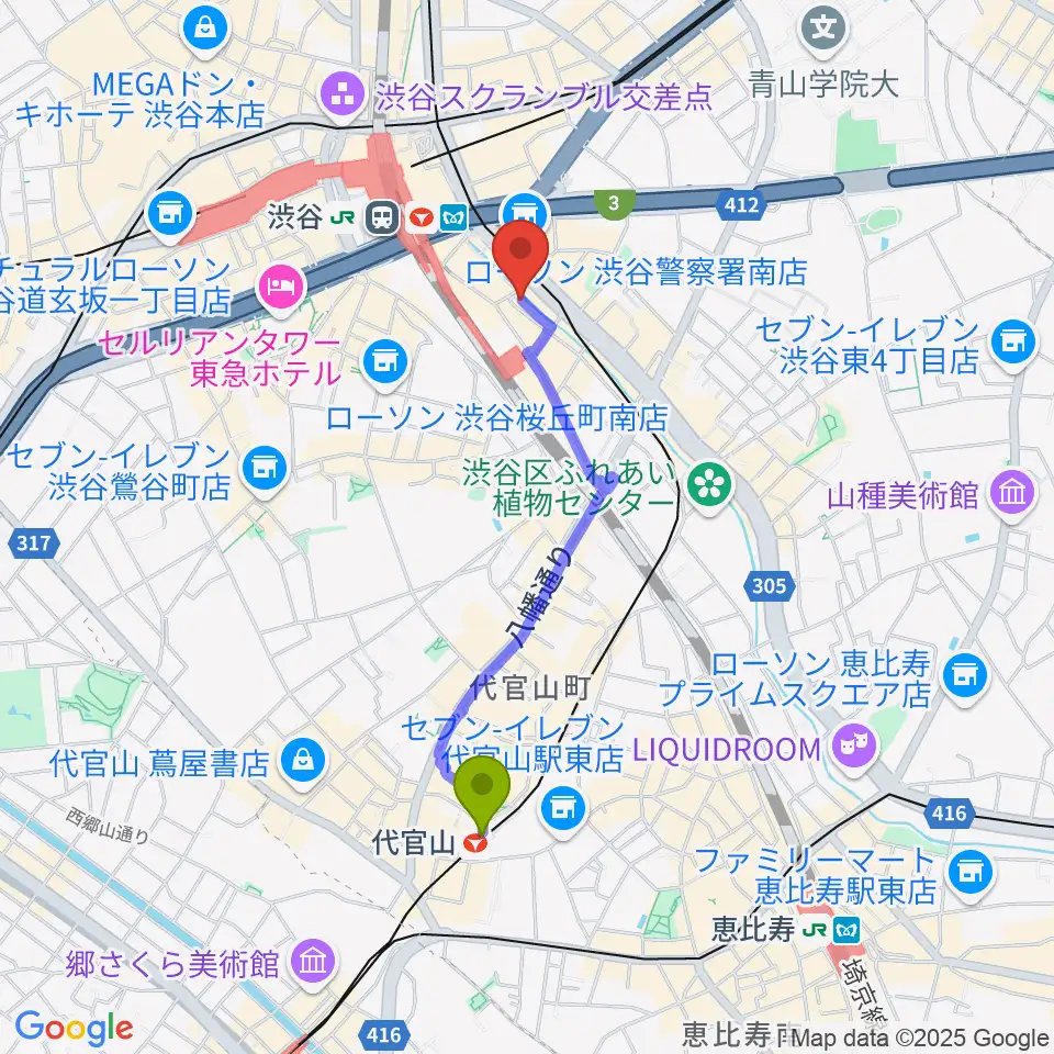 代官山駅から渋谷のラジオへのルートマップ地図