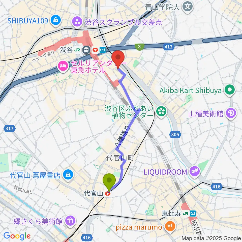 代官山駅から渋谷のラジオへのルートマップ地図