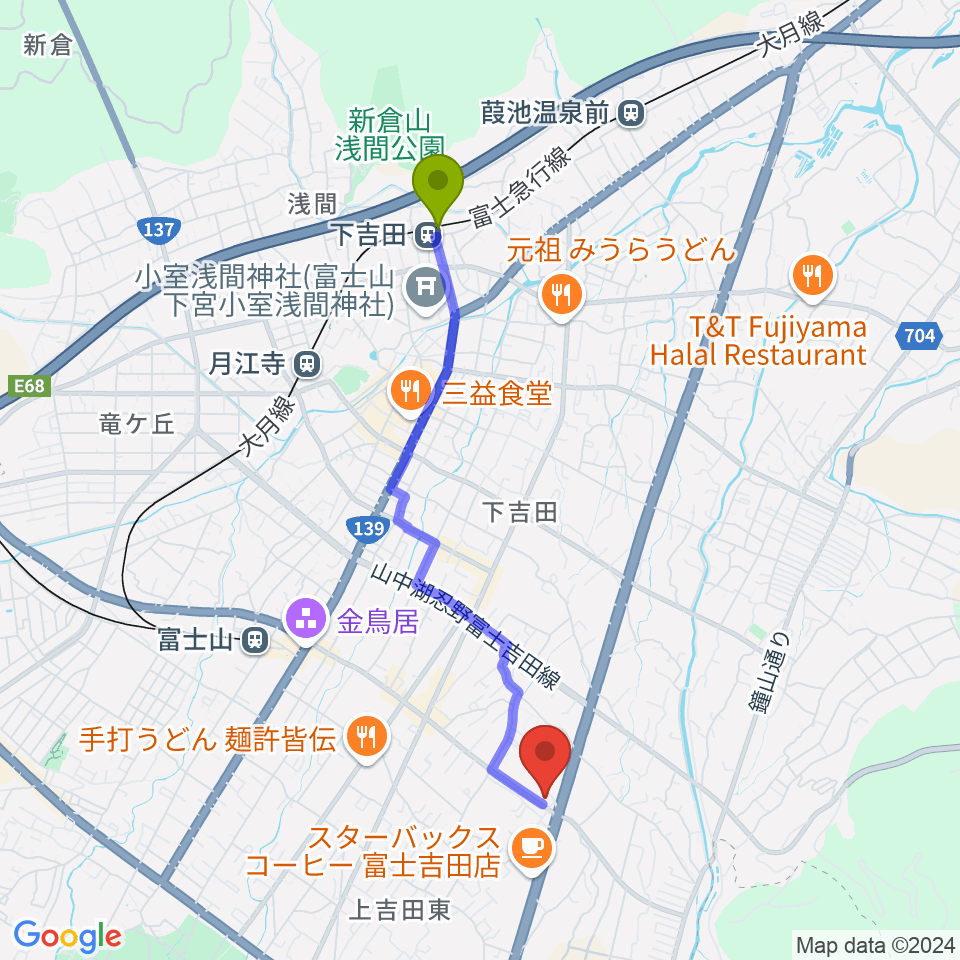 下吉田駅からエフエムふじごこへのルートマップ地図