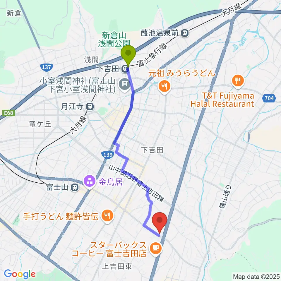 下吉田駅からエフエムふじごこへのルートマップ地図