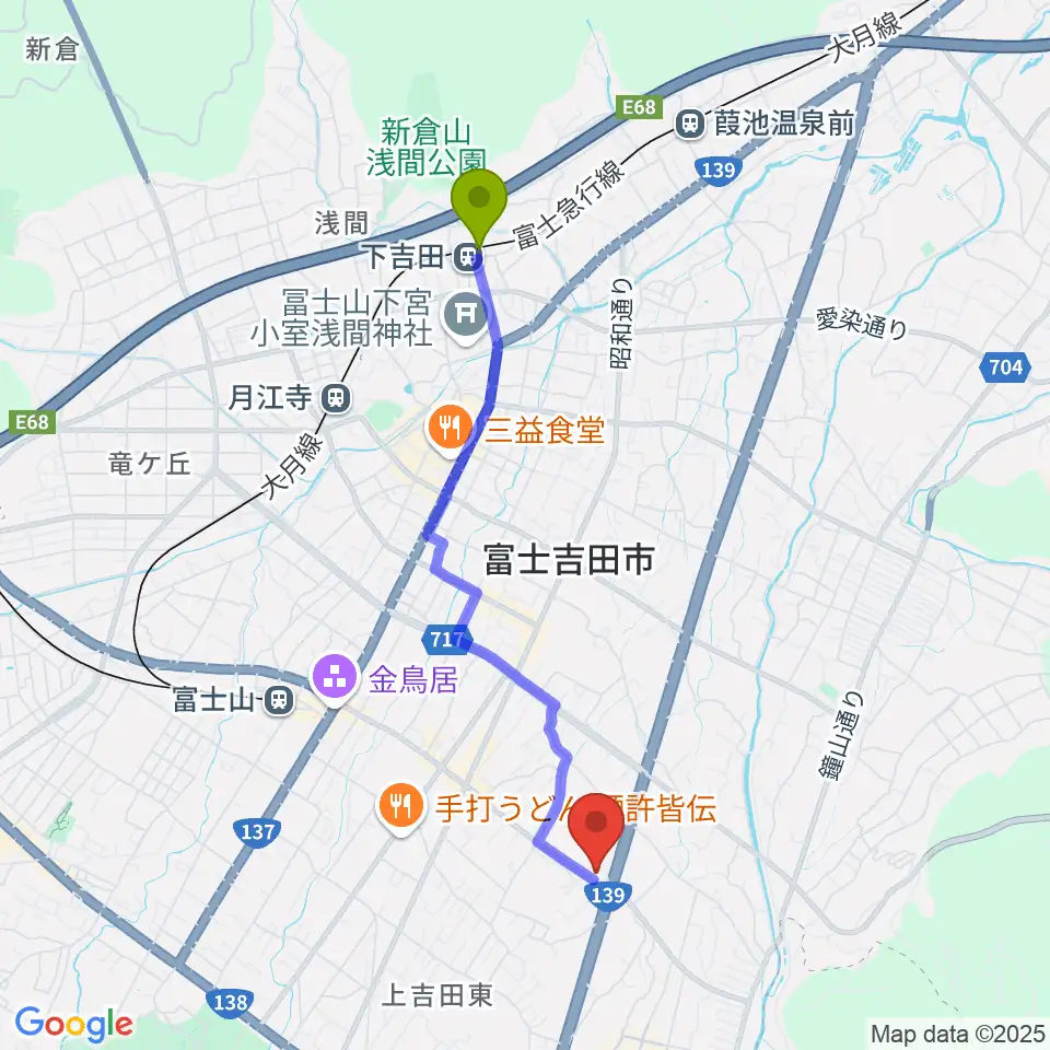 下吉田駅からエフエムふじごこへのルートマップ地図