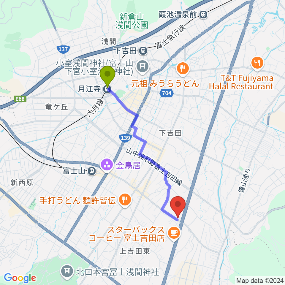 月江寺駅からエフエムふじごこへのルートマップ地図