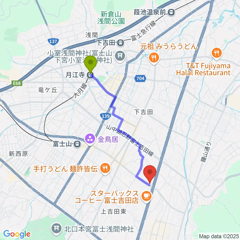 月江寺駅からエフエムふじごこへのルートマップ地図