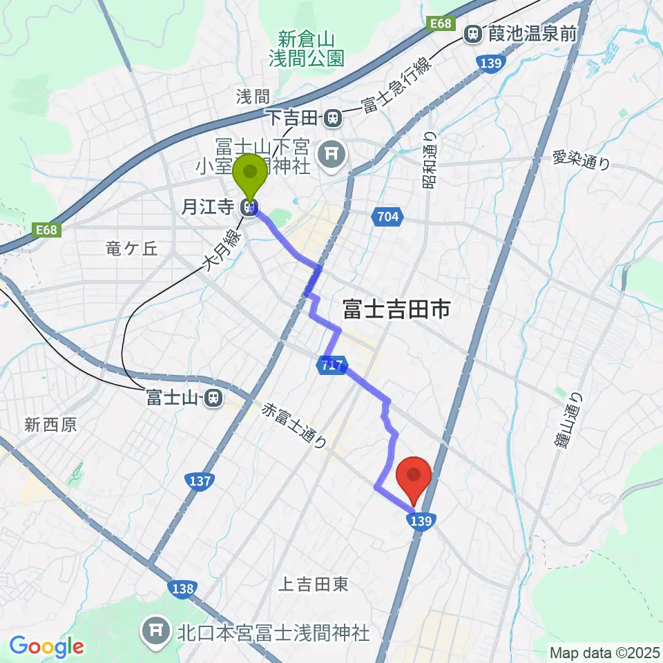 月江寺駅からエフエムふじごこへのルートマップ地図