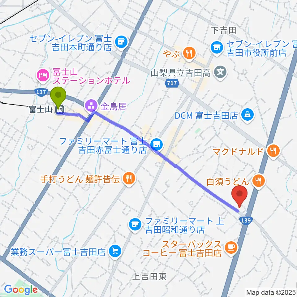 エフエムふじごこの最寄駅富士山駅からの徒歩ルート（約22分）地図