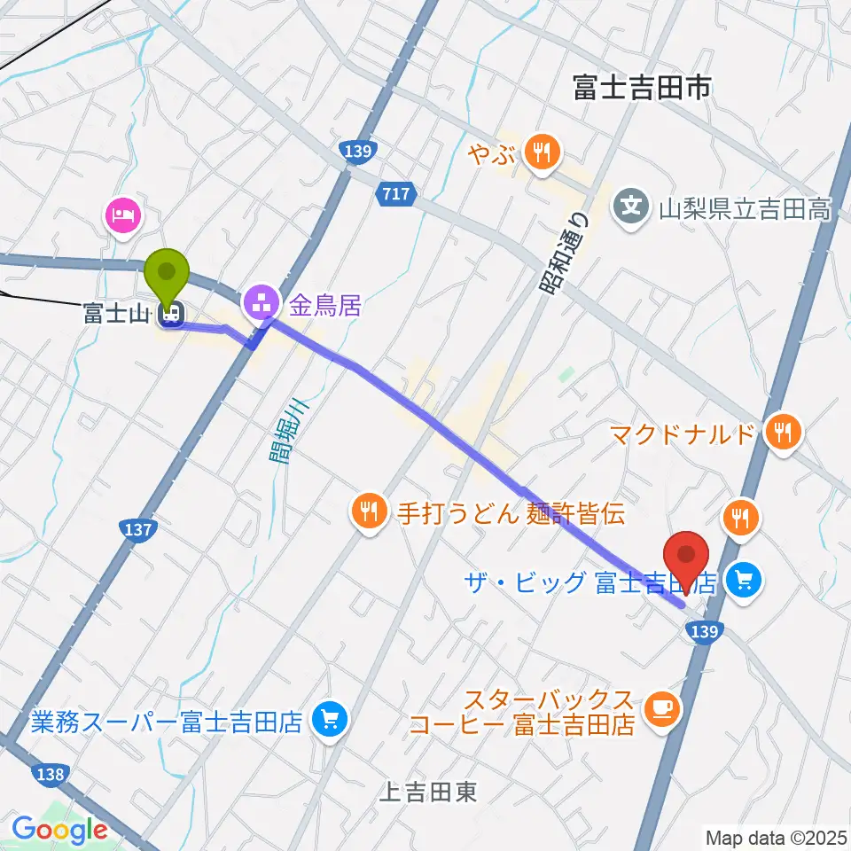 エフエムふじごこの最寄駅富士山駅からの徒歩ルート（約22分）地図