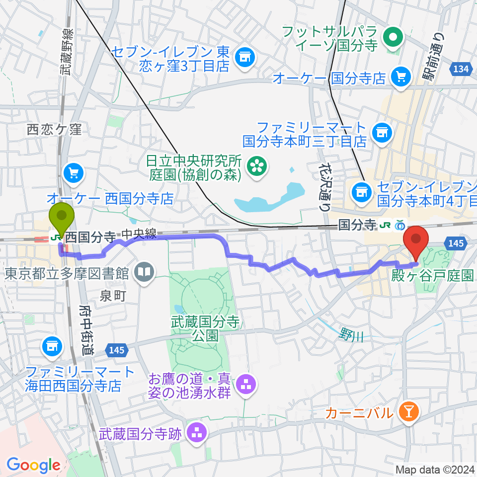 西国分寺駅から国分寺ラバーソウルへのルートマップ地図