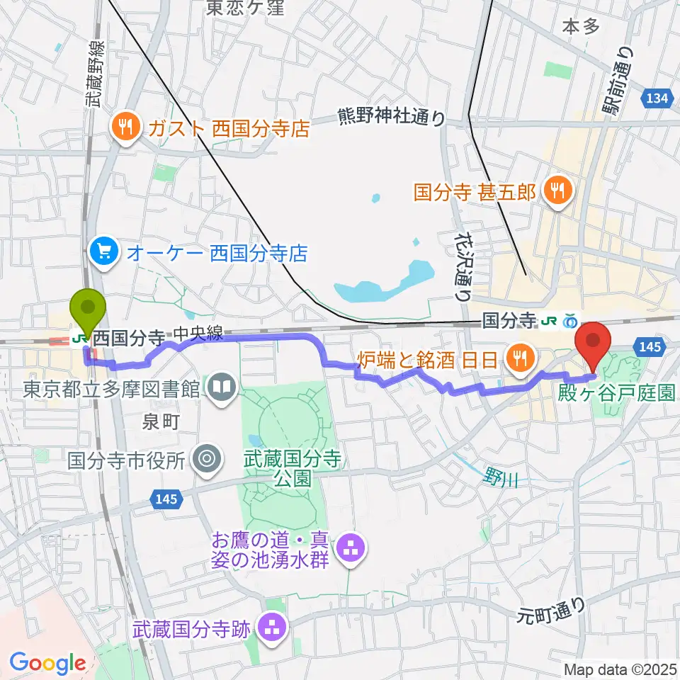 西国分寺駅から国分寺ラバーソウルへのルートマップ地図