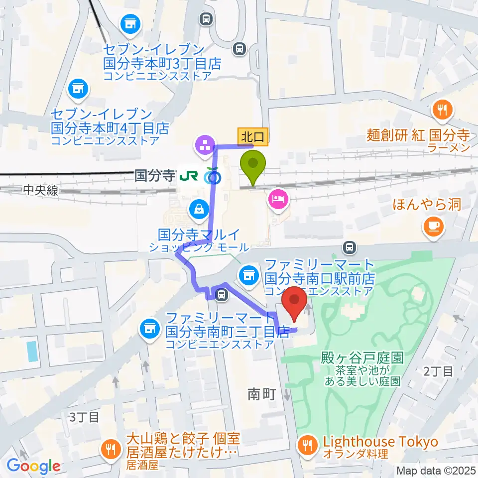 国分寺ラバーソウルの最寄駅国分寺駅からの徒歩ルート（約2分）地図