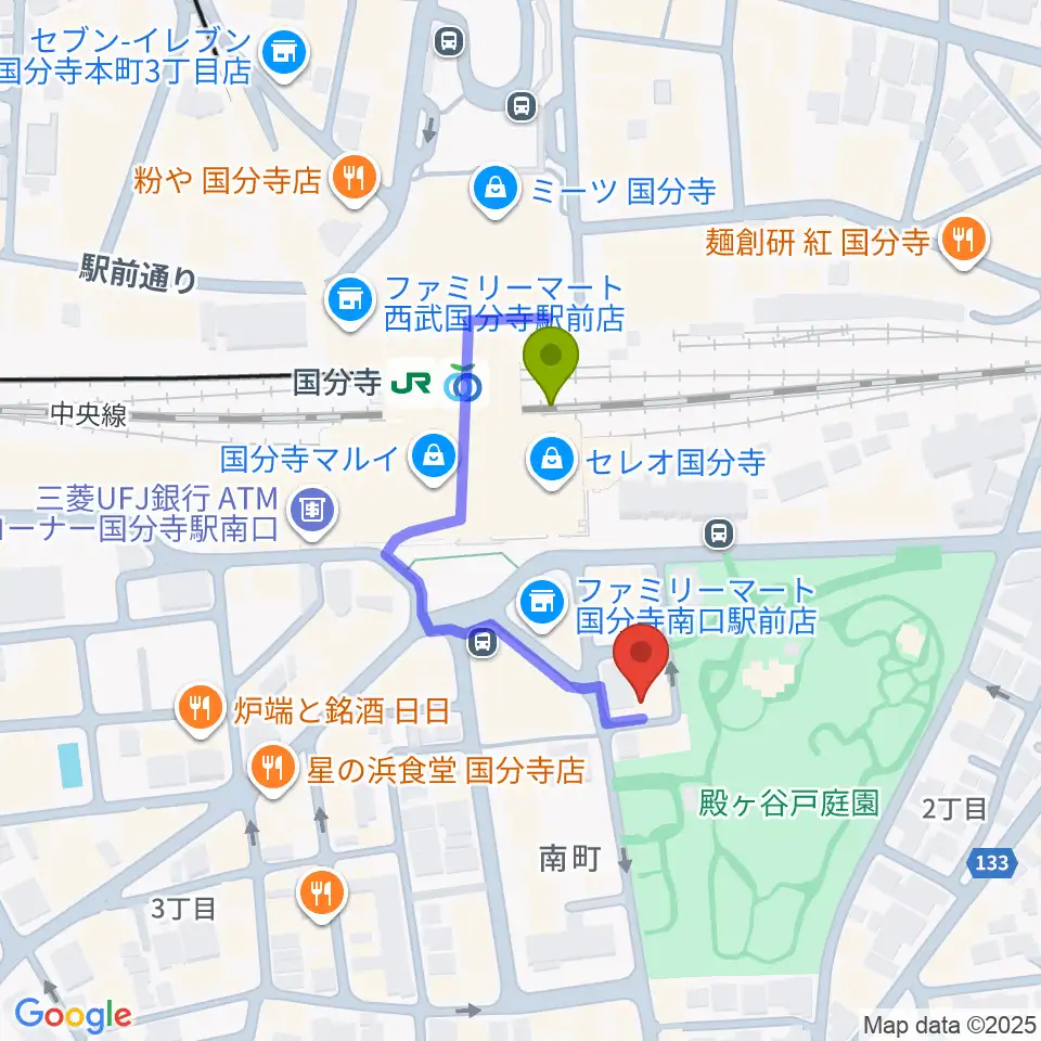 国分寺ラバーソウルの最寄駅国分寺駅からの徒歩ルート（約2分）地図