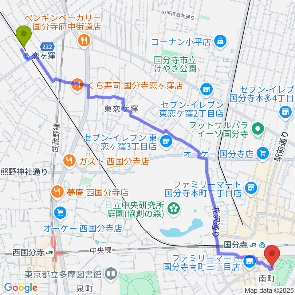 恋ヶ窪駅から国分寺ラバーソウルへのルートマップ地図