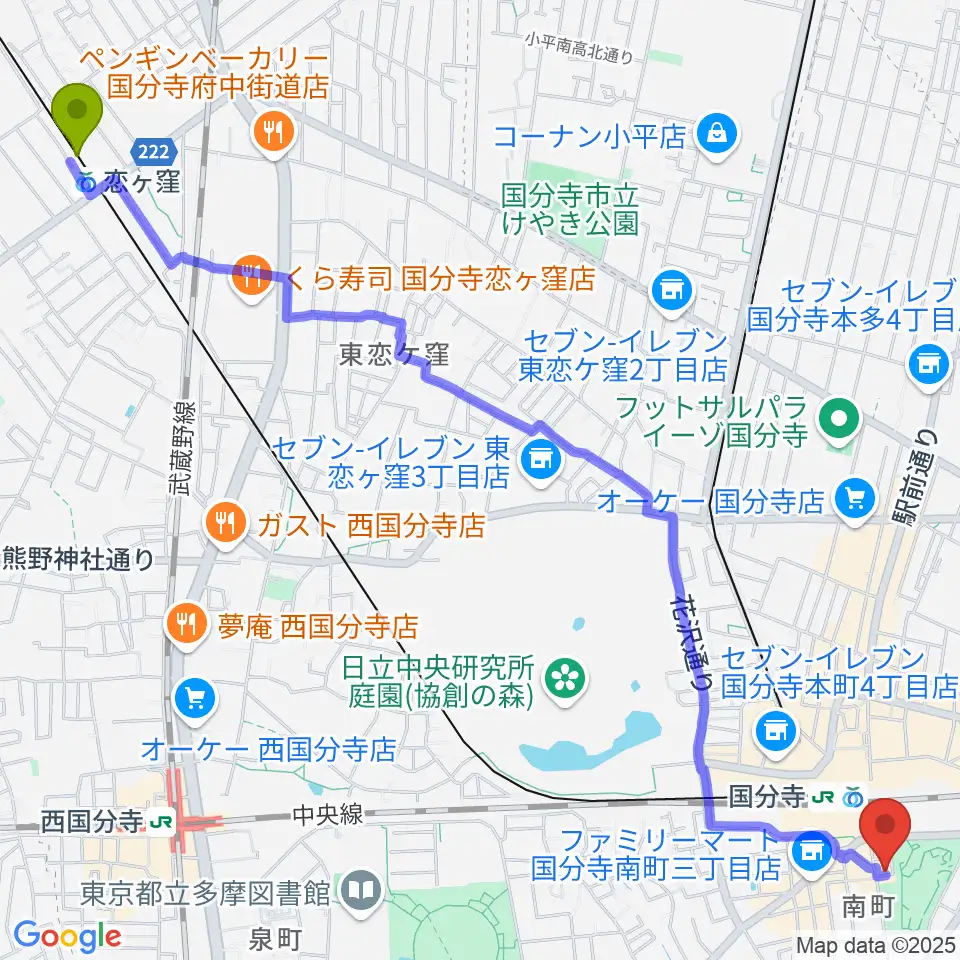 恋ヶ窪駅から国分寺ラバーソウルへのルートマップ地図