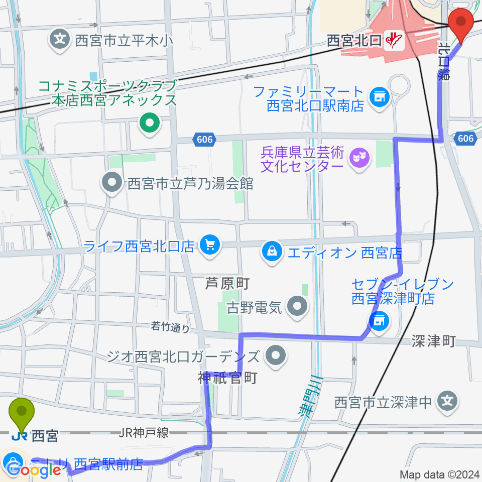 西宮駅から新響楽器 西宮北口オーパス店へのルートマップ地図