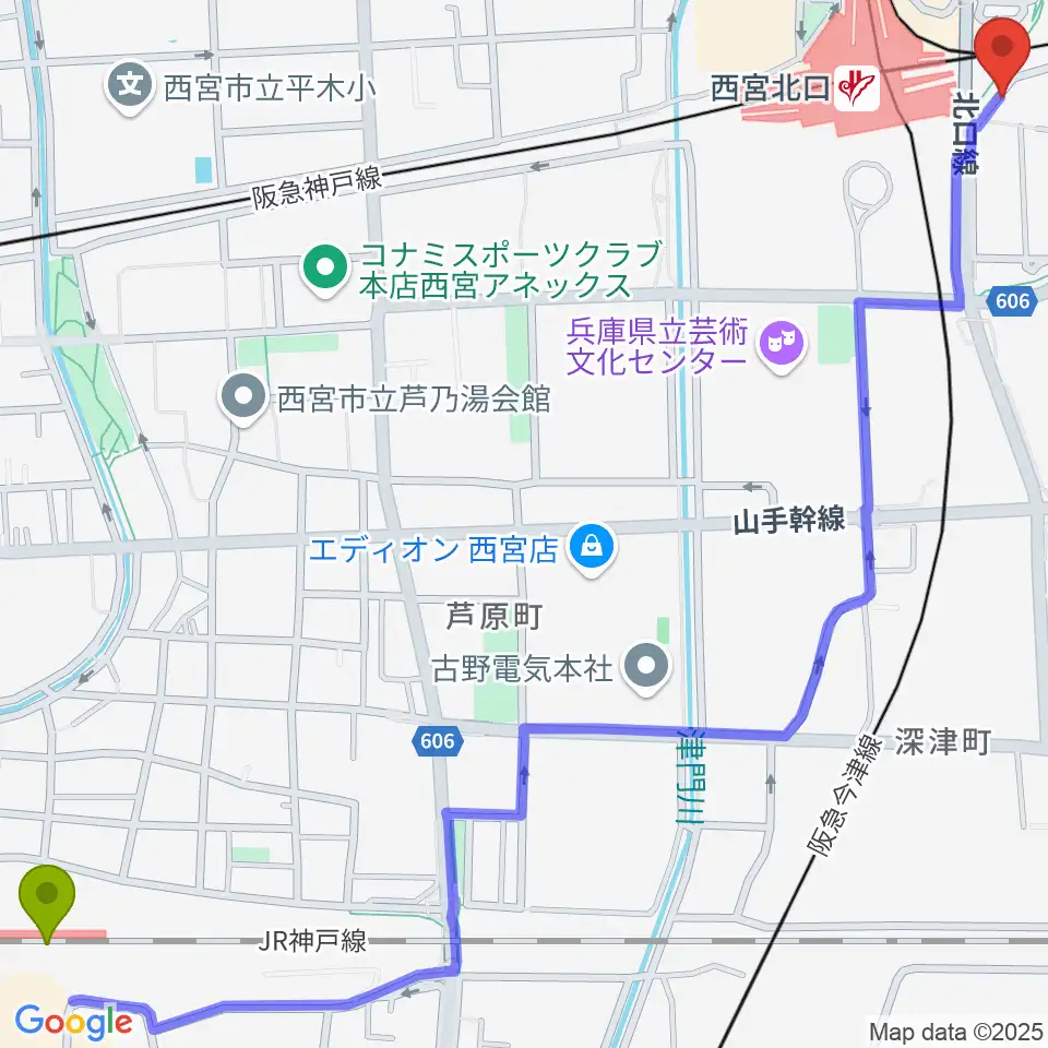 西宮駅から新響楽器 西宮北口オーパス店へのルートマップ地図