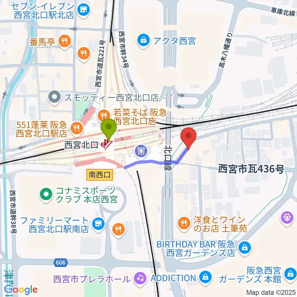 新響楽器 西宮北口オーパス店の最寄駅西宮北口駅からの徒歩ルート（約2分）地図