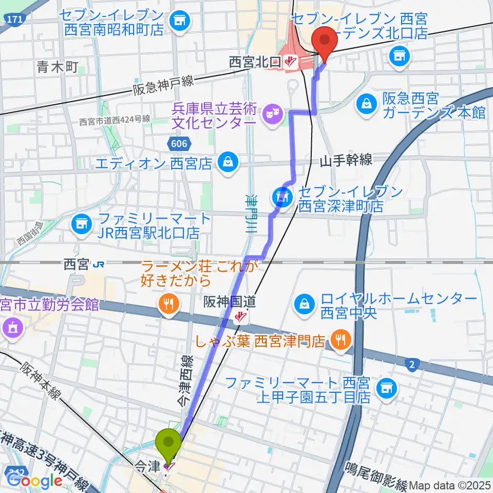 今津駅から新響楽器 西宮北口オーパス店へのルートマップ地図