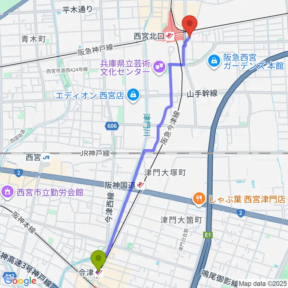 今津駅から新響楽器 西宮北口オーパス店へのルートマップ地図