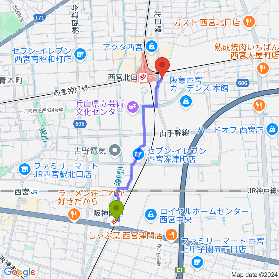 阪神国道駅から新響楽器 西宮北口オーパス店へのルートマップ地図