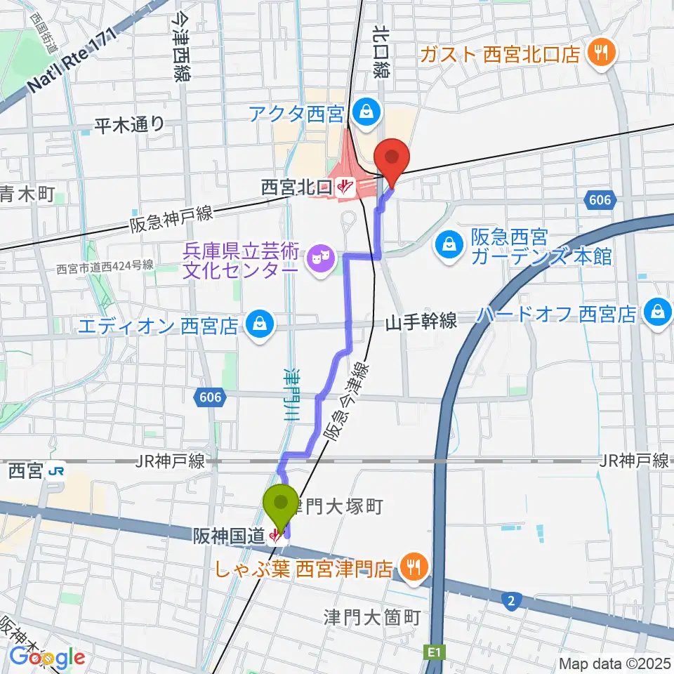 阪神国道駅から新響楽器 西宮北口オーパス店へのルートマップ地図