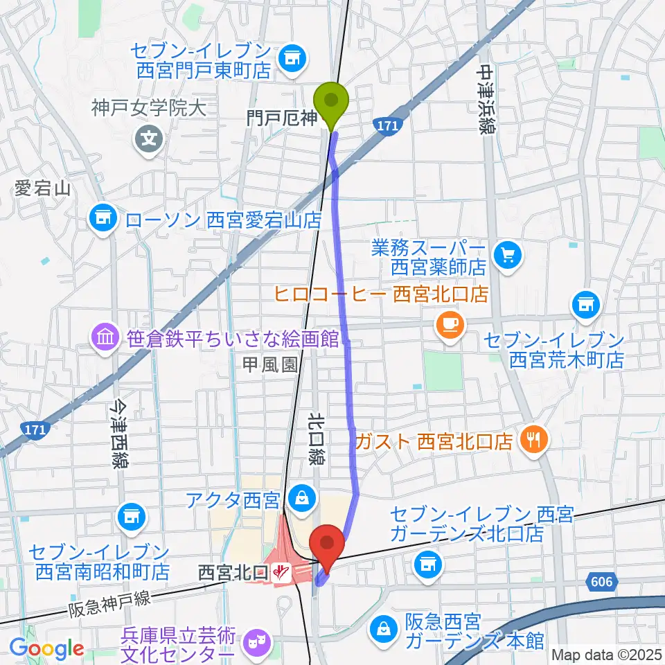 門戸厄神駅から新響楽器 西宮北口オーパス店へのルートマップ地図