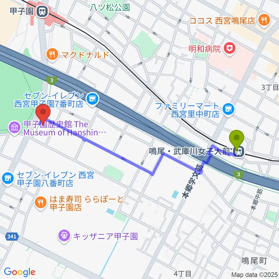 鳴尾・武庫川女子大前駅から新響楽器 甲子園店へのルートマップ地図
