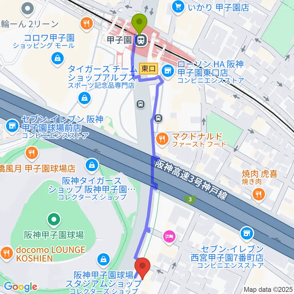 新響楽器 甲子園店の最寄駅甲子園駅からの徒歩ルート（約6分）地図