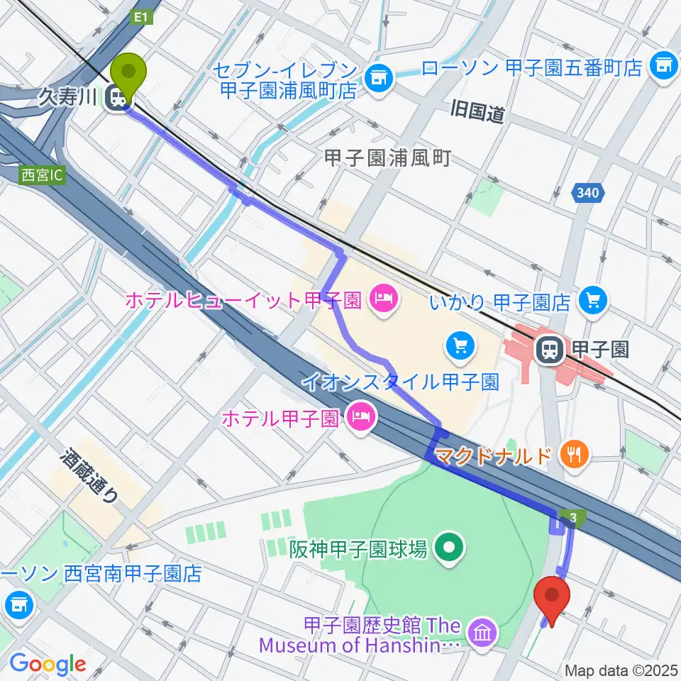 久寿川駅から新響楽器 甲子園店へのルートマップ地図