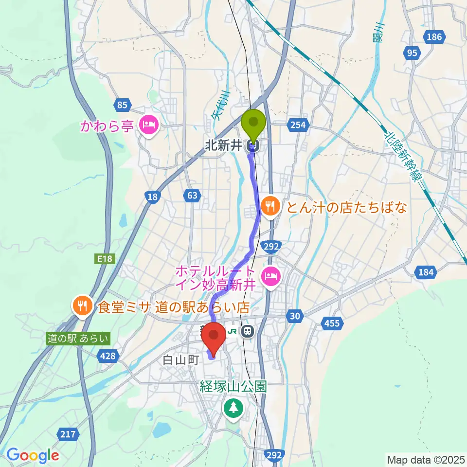 北新井駅から新井ふれあい会館へのルートマップ地図