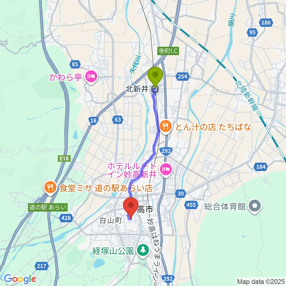 北新井駅から新井ふれあい会館へのルートマップ地図