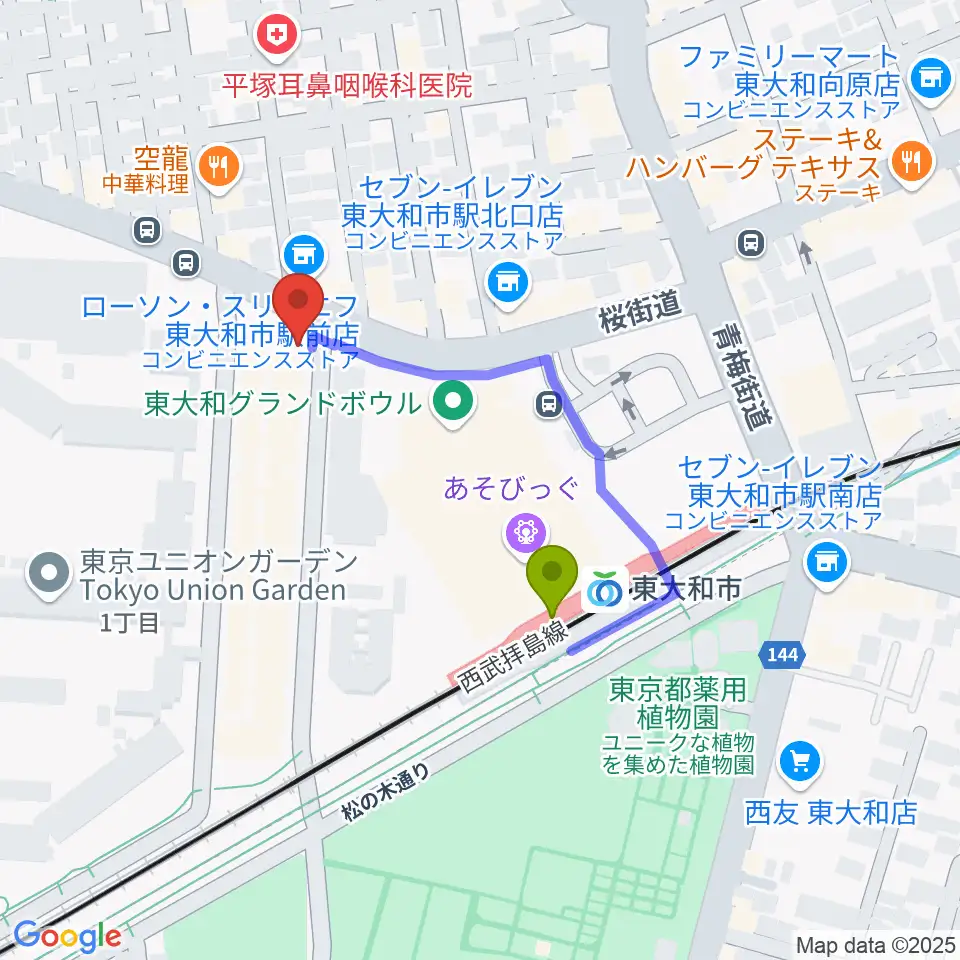 アンフィニカスタムワークスの最寄駅東大和市駅からの徒歩ルート（約3分）地図