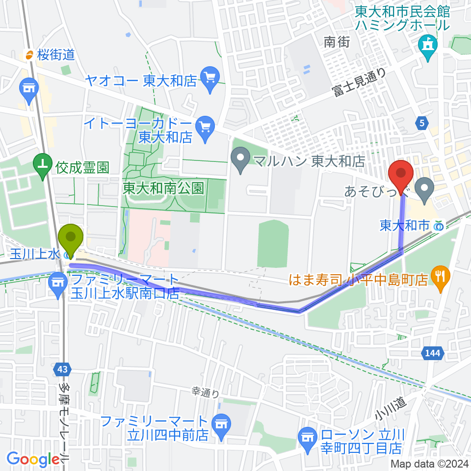 玉川上水駅からアンフィニカスタムワークスへのルートマップ地図