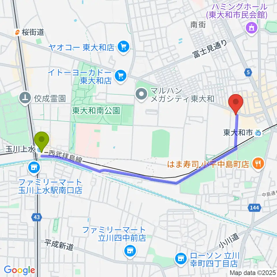 玉川上水駅からアンフィニカスタムワークスへのルートマップ地図