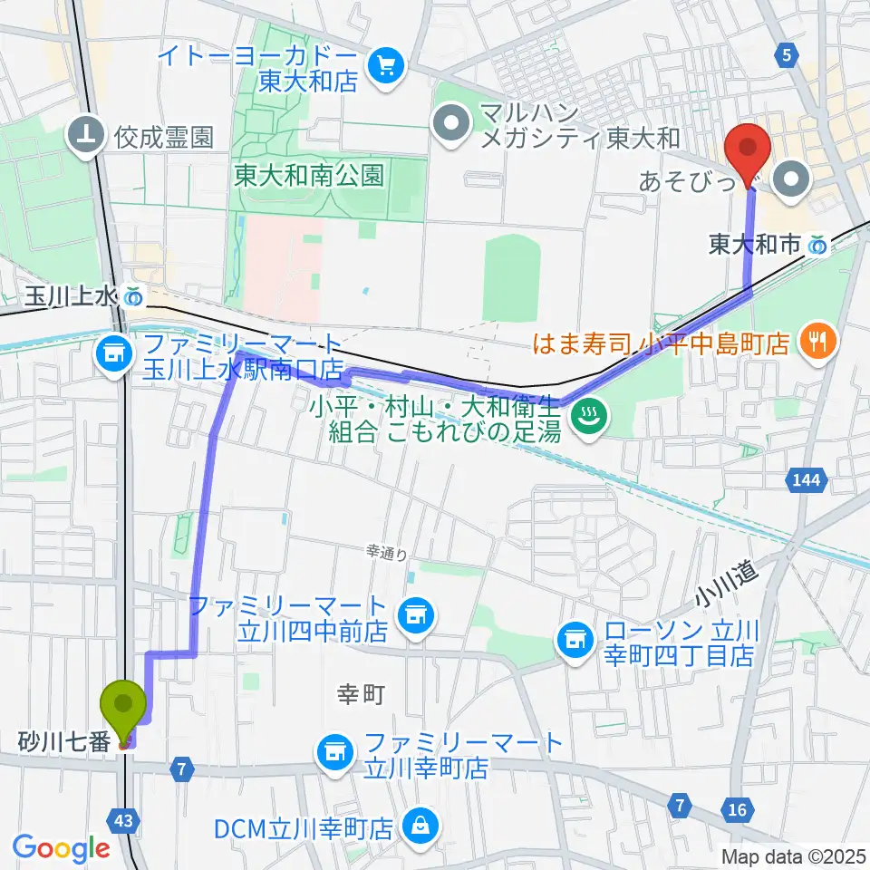 砂川七番駅からアンフィニカスタムワークスへのルートマップ地図