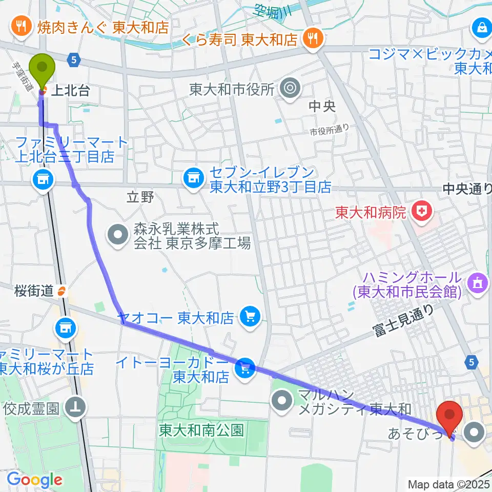 上北台駅からアンフィニカスタムワークスへのルートマップ地図