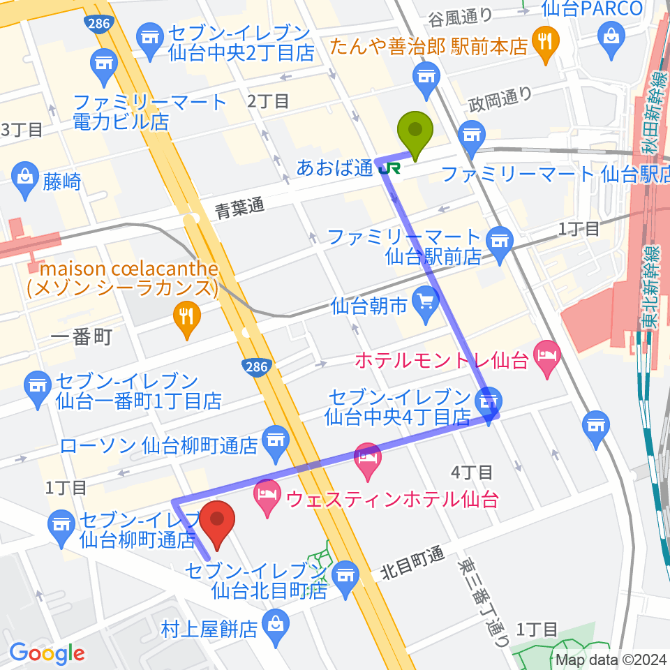 あおば通駅から仙台BARTAKEへのルートマップ地図