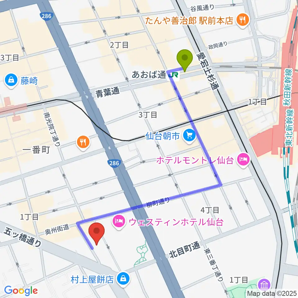 あおば通駅から仙台BARTAKEへのルートマップ地図