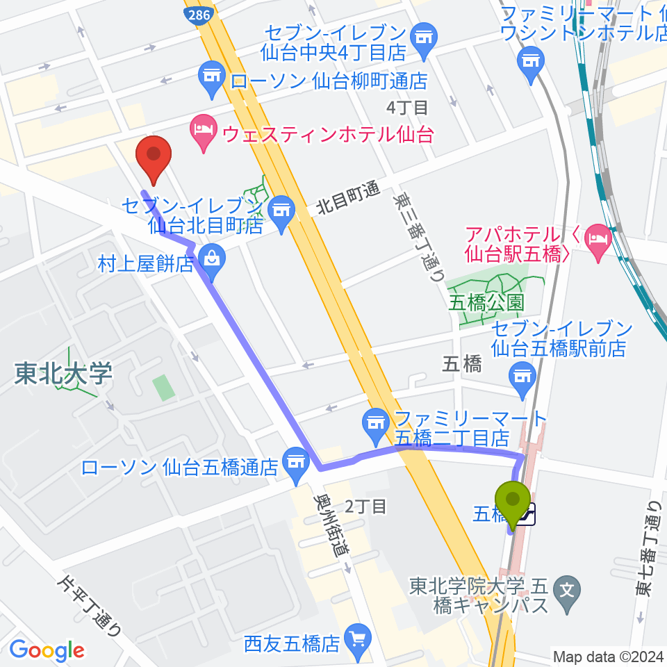 五橋駅から仙台BARTAKEへのルートマップ地図